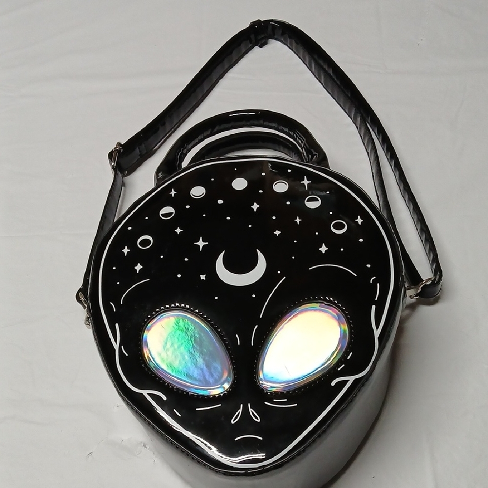 Killstar E.T. Alien Head Handbag Black Vinyl w/ Moons & Holographic Eyes RARE